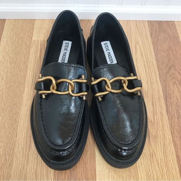 STEVE MADDEN Karmine Black Leather Loafer Gold Chain Buckle‎ Size 5 6.5 New - Picture 1 of 13